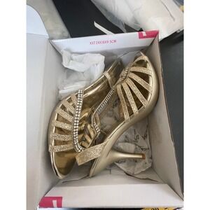 Wild Rose MISA19 Rhinestone Strappy Glitter Heels 8 Gold Glam Wedding Prom